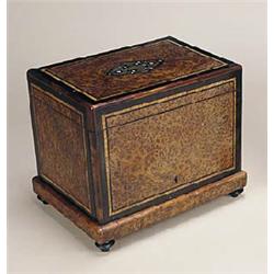 A Victorian amboyna rectangular cigar chest, ebony banded and tulipwood crossbanded, centred with a.