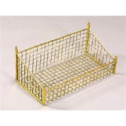 A brass rectangular book carrier of graduated form with finials, mesh sides and base, 22 high x 50.5