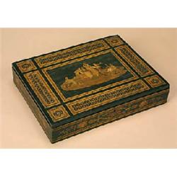 A mid 19th century ebony Sorrento ware rectangular writing box, the hinged lid centred with a marque