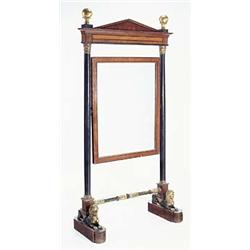 A walnut, ebony strung, ebonised and parcel gilt cheval mirror in Empire style, with architectural p