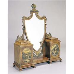 An early 20th century Sheraton revival mahogany dressing table mirror, painted overall in polychrome