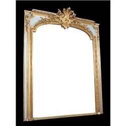 A gilt and painted overmantel mirror, the crest with a cartouche and laurel leaves, with outset corn