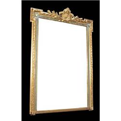 A gilt and painted overmantel mirror, the scroll and foliate crest above an arched plate, 181 high x