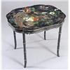 Image 1 : A Victorian tole peint cartouch shaped tray, painted with an exotic bird and flowers on a black grou