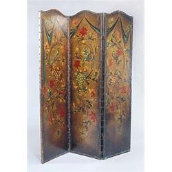 An early 20th century three fold screen, each leaf with a serpentine crest painted with flowers, bir