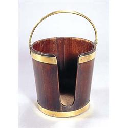 A George III mahogany and brass bound plate bucket with a hinged handle and a slit to the front, 36c