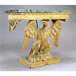 A pine console table in William Kent style with a rectangular antique green type marble top above an