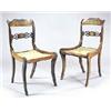 Image 1 : A pair of Regency rosewood and brass inlaid side chairs, each with a scroll carved crest, lyre shape
