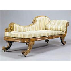 A William IV oak and pollard oak chaise longue, with upholstered back, scroll arm and squab seat, th