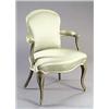 Image 1 : An early 20th century French painted open armchair, with an upholstered back, seat and arms, with sc