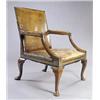 Image 1 : A mahogany Gainsborough chair in George III style, with a rectangular upholstered back, seat and arm