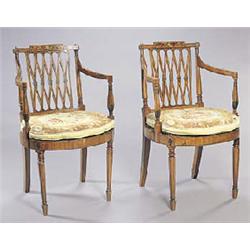 A pair of late 19th century satinwood Sheraton revival elbow chairs painted overall with strings and