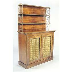 A rosewood and brass chiffonier in George IV style, the pierced three-quarter gallery above three sh