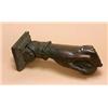 Image 1 : A patinated bronze door knocker in the form of a hand, the rectangular top with a stiff leaf border,