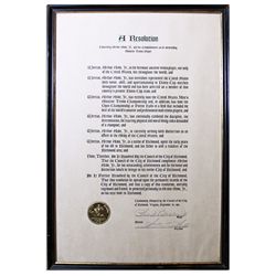 1968 Official Resolution Awarded to Arthur Ashe by the City of Richmond, Virginia, Ashe's Hometown