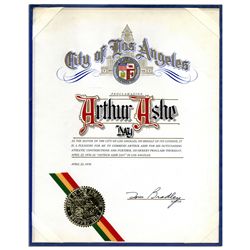 Certificate Creating ''Arthur Ashe Day'' in Los Angeles From Ashe's Personal Estate -- Signed by The