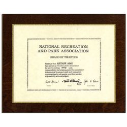 Plaque Acknowledging Arthur Ashe's Service on the Board of Trustees of The National Recreation And P