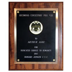 Arthur Ashe's Masonic Award From Richmond Consistory PHA #22 -- Presented in 1987