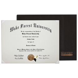 Arthur Ashe's Official 1989 Wake Forest Honorary Degree for Doctor of Laws -- As the Tennis Legend W