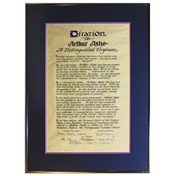 State of Virginia ''Citation'' Awarded to Commemorate Arthur Ashe, Who Was From Richmond