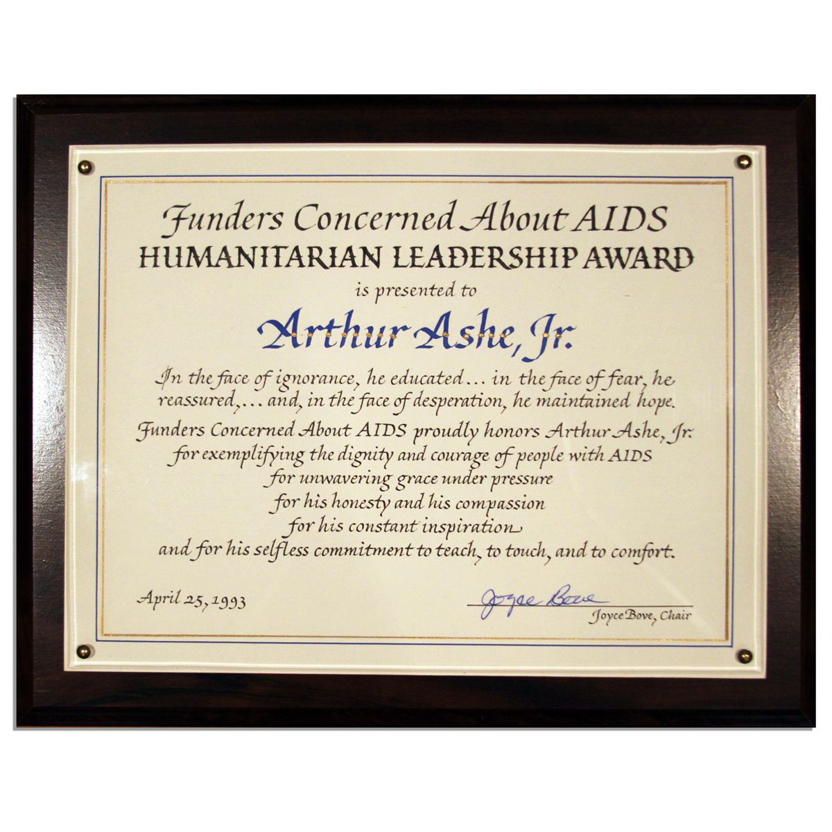 Arthur Ashe's Humanitarian Leadership Award Plaque Awarded