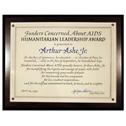 Arthur Ashe's Humanitarian Leadership Award Plaque -- Awarded Posthumously by Funders Concerned Abou