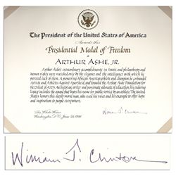 Certificate That Accompanied Arthur Ashe's Presidential Medal of Freedom -- Signed by Bill Clinton a