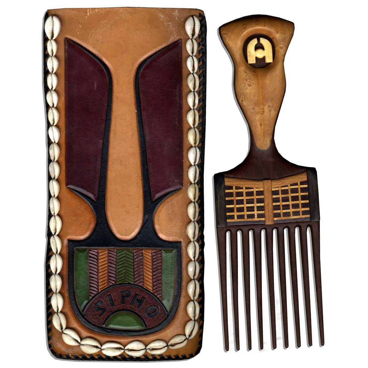 African Carved Wood & Bone Hair Pick in an Exquisite Case From the