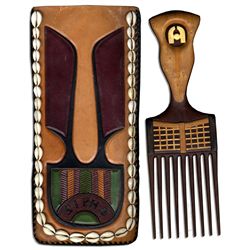African Carved Wood & Bone Hair Pick in an Exquisite Case -- From the Personal Collection of Arthur