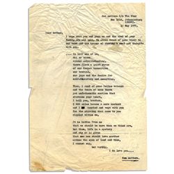 Original Typed Poem by South African Poet Tom Mattera Written to Arthur Ashe -- ''...that one man sh