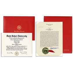 Arthur Ashe's Honorary Degree From St. John's University -- Diploma & Citation in 2 Striking Red Por