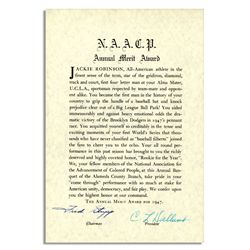 Jackie Robinson 1947 NAACP Annual Merit Award -- His Personal Copy, Commemorating His Brooklyn Dodge