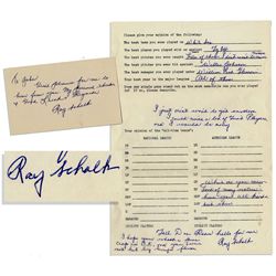 Hall of Fame Legend Ray Schalk Baseball Questionnaire Signed -- With Autograph Note Signed