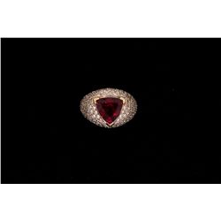 RING: (1) 18k WG rubellite and diamond ring. Center triangular faceted rubellite 10 x 9.5mm, approx.