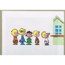 A Peanuts animation cell depicting the gang standing in line, with Charlie Brown, Lucy, Schroeder an