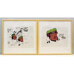 Two Lone Ranger animation cells depicting Indian chiefs, one showing the head of "Chief Running Wate