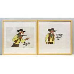 Two Lone Ranger animation cells depicting the character  Sherrif Twogun , pegbar punched on the bott