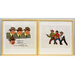 Two Lone Ranger animation cells, one depicting three outlaws with guns drawn, pegbar punched on the.