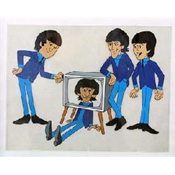 An animation cell depicting the Beatles group, with John, Paul and George standing over Ringo who is