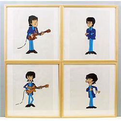 A set of four animation cells depicting the four Beatles, each shown standing, John and George holdi