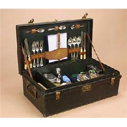 A Barrett & Sons picnic set, the green leatherette covered case fitted out with various plated boxes