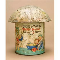 A William Crawford & Sons "Lucie Attwell's Fairy House" money box biscuit tin, circa 1934, in the sh