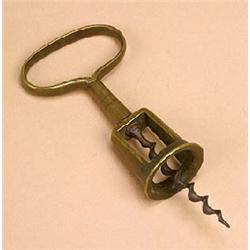 A small brass open-frame corkscrew, with steel Archimedes screw type worm and simple loop handle(see