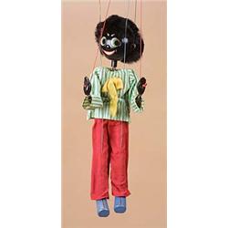 A boxed Pelham Puppet Type SS "Golliwog", dressed in red trousers and green and white striped shirt,