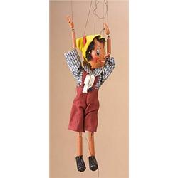 A boxed Pelham Puppet "Pinocchio", early version with elongated wooden head and pointed nose, with o