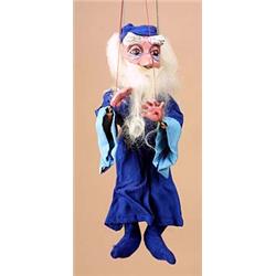 A boxed Pelham Puppet Type SL "Merlin", dressed in blue robes and hat, with original control bar and