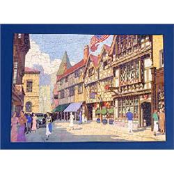 A Great Western Railway wooden jigsaw puzzle "Stratford-upon-Avon (Harvard House)", after a painting