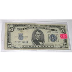 1934 SERIES D $5.00 SILVER CERTIFICATE BILL SERIAL # S25919408A *RARE VERY FINE+ EARLY NOTE*!!