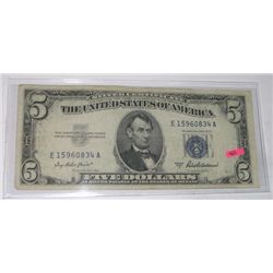 1953 SERIES A $5 SILVER CERTIFICATE SERIAL # E15960834A *RARE FINE GRADE EARLY NOTE*!!