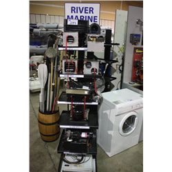 3 BLACK DISPLAY STANDS, BIN OF ASSORTED PADDLES,